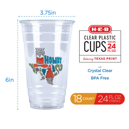 H-E-B 24 oz Clear Plastic Cups – Texas "Howdy" Design