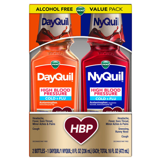 Vicks DayQuil & NyQuil High Blood Pressure Cold & Flu Relief Liquid Medicine, Powerful Multi-Symptom Daytime & Nighttime Relief, Sugar & Alcohol Free, Combo Pack
