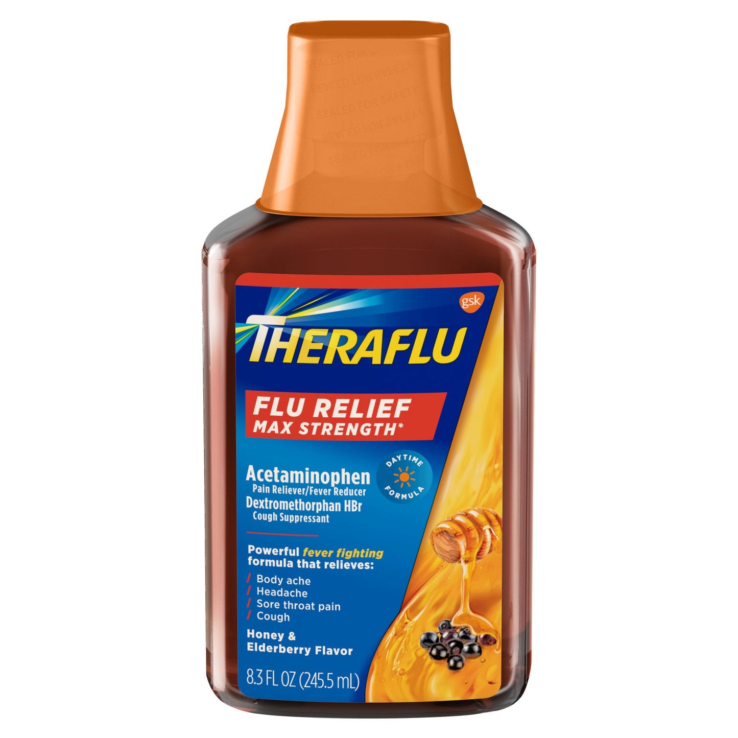 Theraflu Max Strength Daytime Flu Medicine for Flu Symptom Relief with Acetaminophen and Dextromethorphan HBr, Honey and Elderberry Flavored
