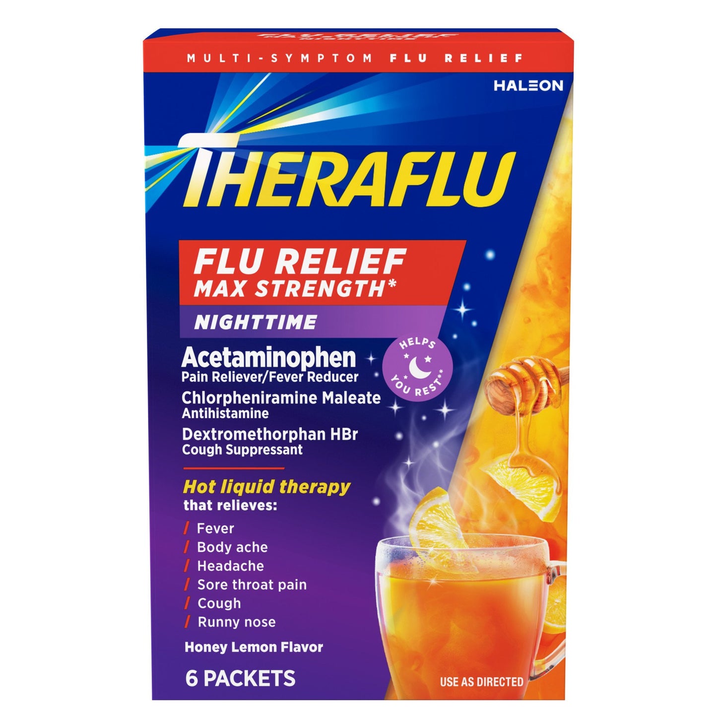 Theraflu Max Strength Nighttime Flu Medicine for Flu Symptom Relief with Acetaminophen, Dextromethorphan HBr, and Chlorpheniramine Maleate, Honey Lemon Flavored