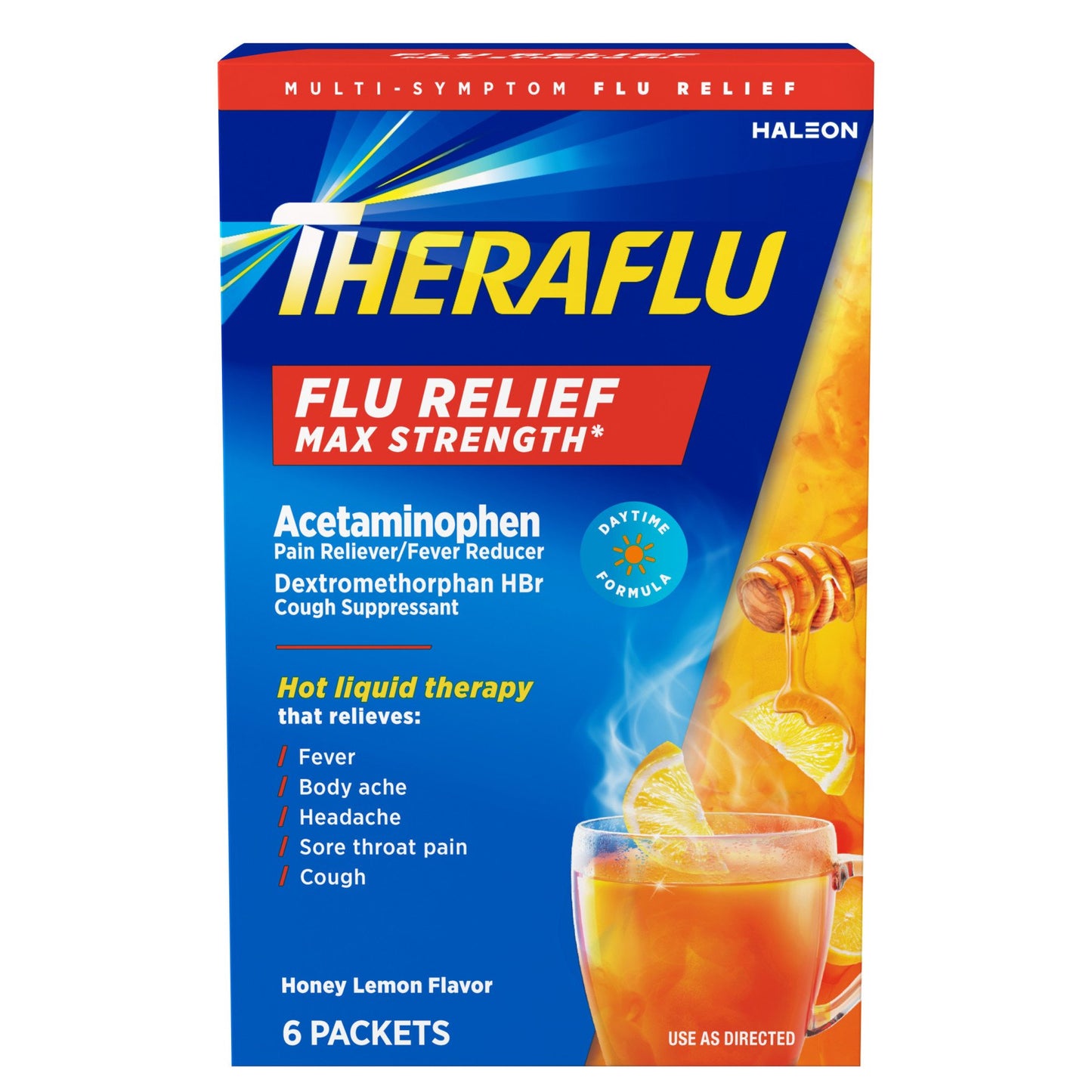Theraflu Max Strength Daytime Flu Medicine for Flu Symptom Relief with Acetaminophen and Dextromethorphan HBr, Honey Lemon Flavored