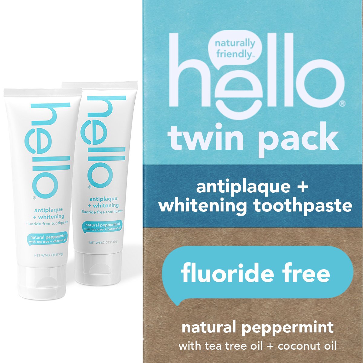 hello Antiplaque + Whitening  Natural Peppermint Fluoride Free Toothpaste, 2 Pk