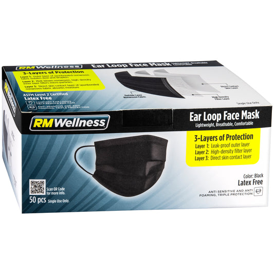 RM Wellness Disposable 3-Layer Protective Face Masks - Black, Latex Free