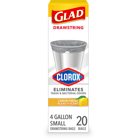Glad Small Drawstring Trash Bags with Clorox, 4 Gallon - Lemon Fresh Bleach Scent