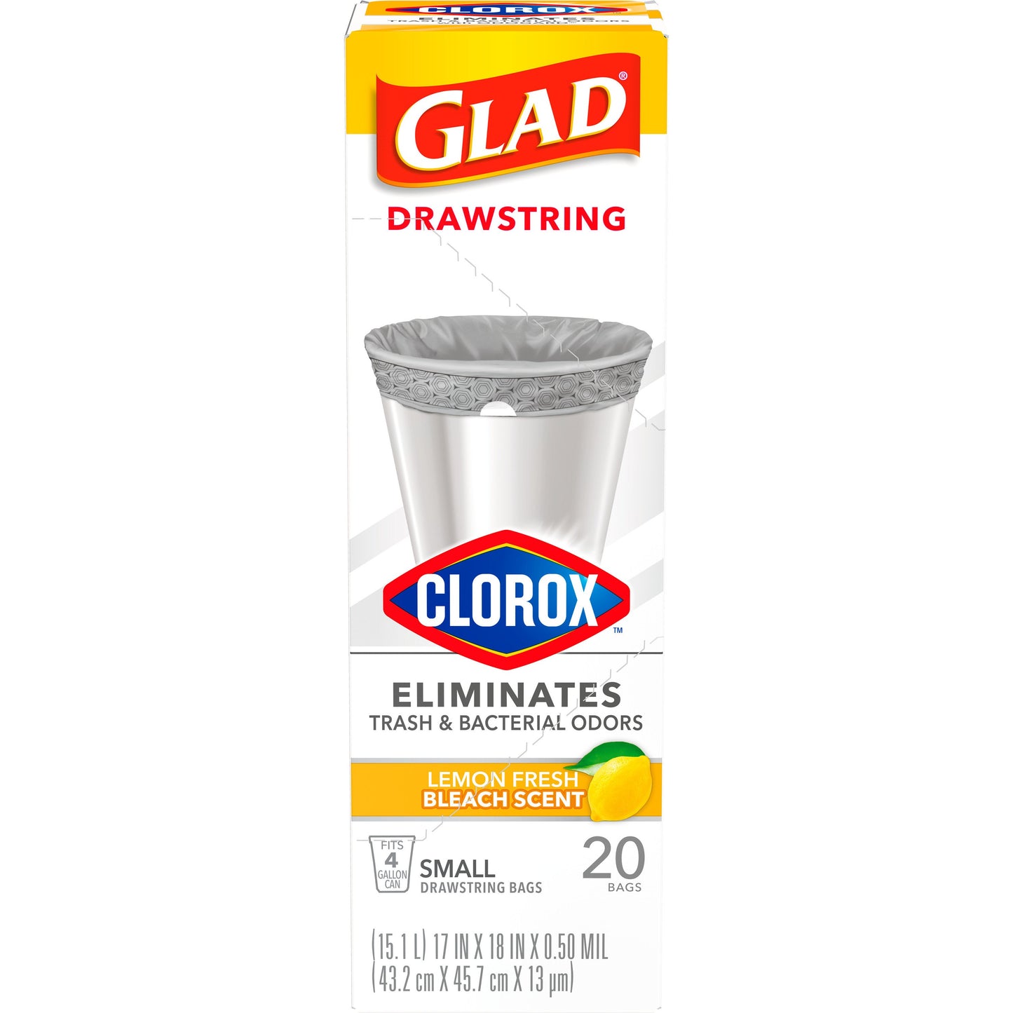 Glad Small Drawstring Trash Bags with Clorox, 4 Gallon - Lemon Fresh Bleach Scent