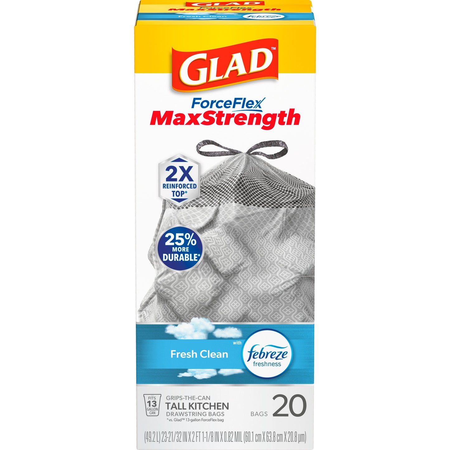 Glad ForceFlex MaxStrength Tall Kitchen Drawstring Trash Bags, 13 Gallon - Fresh Clean Scent with Febreze Freshness