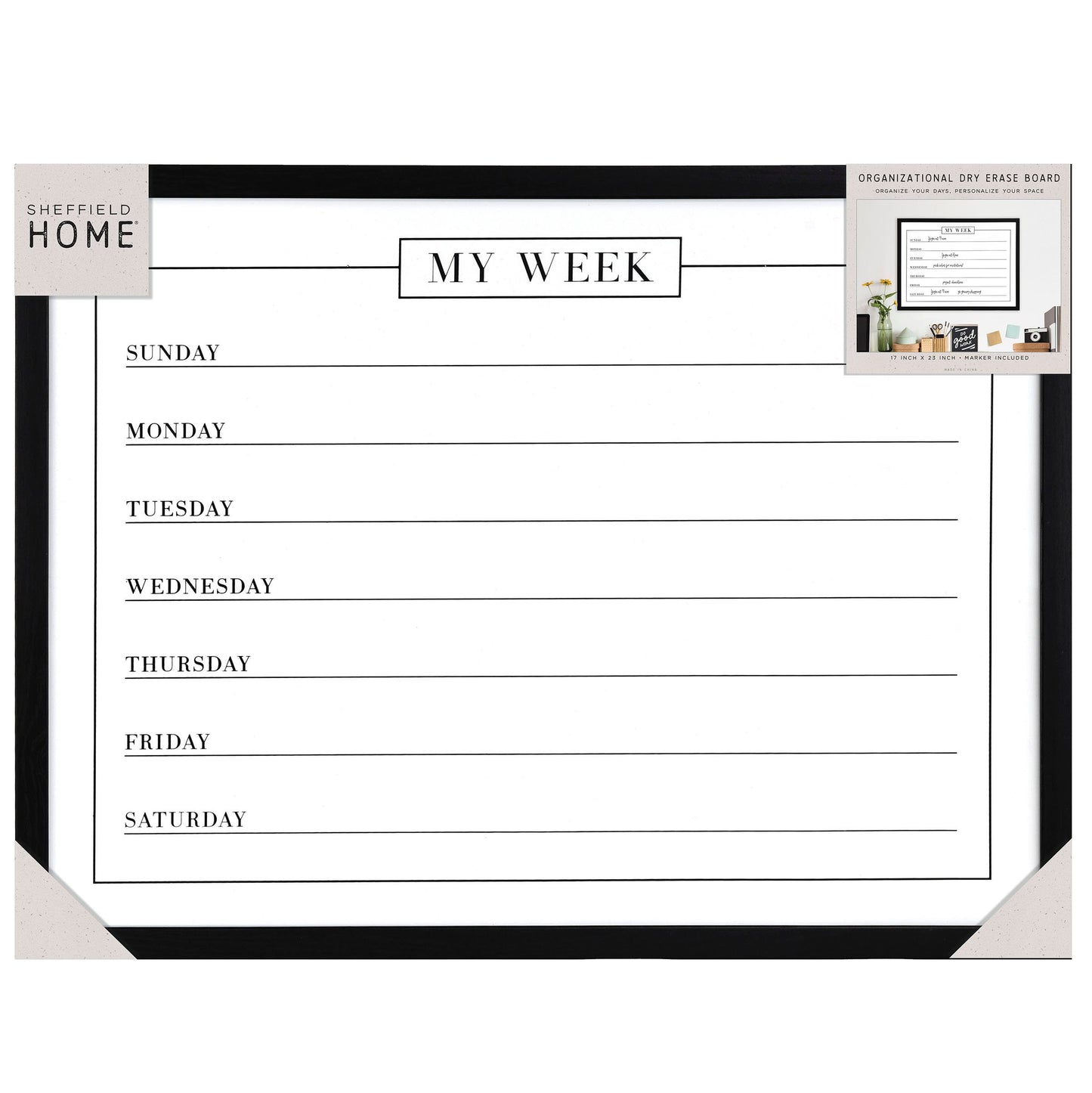 Sheffield Home Weekly Planner Black Frame Dry Erase Board