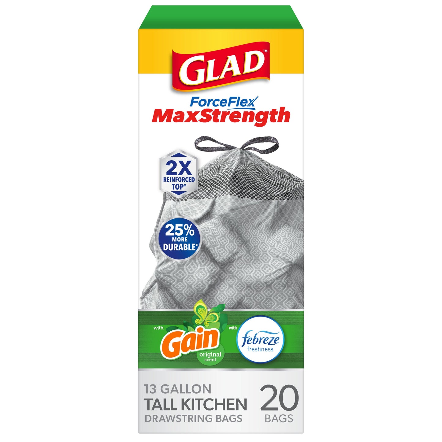 Glad ForceFlex MaxStrength Tall Kitchen Drawstring Trash Bags, 13 Gallon - Gain & Febreze Scent