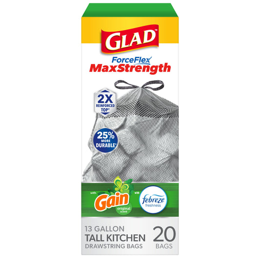 Glad ForceFlex MaxStrength Tall Kitchen Drawstring Trash Bags, 13 Gallon - Gain & Febreze Scent