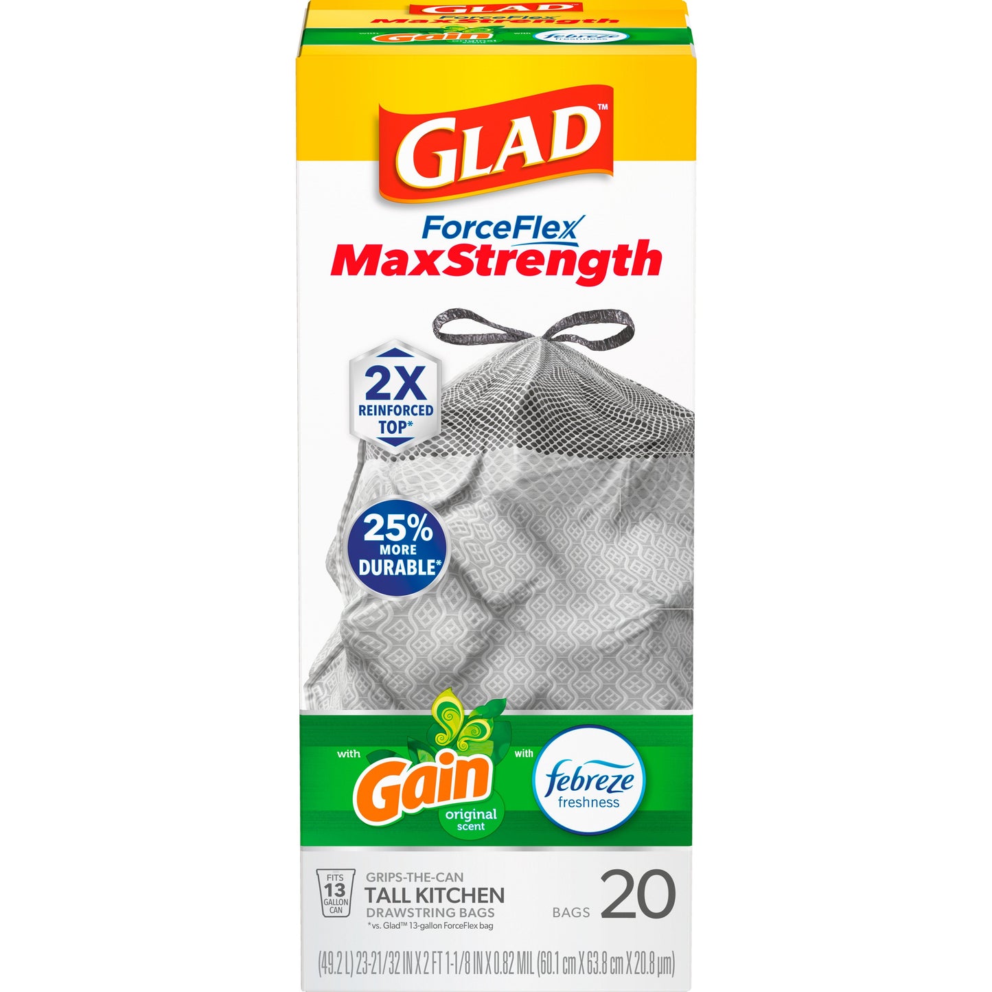 Glad ForceFlex MaxStrength Tall Kitchen Drawstring Trash Bags, 13 Gallon - Gain & Febreze Scent