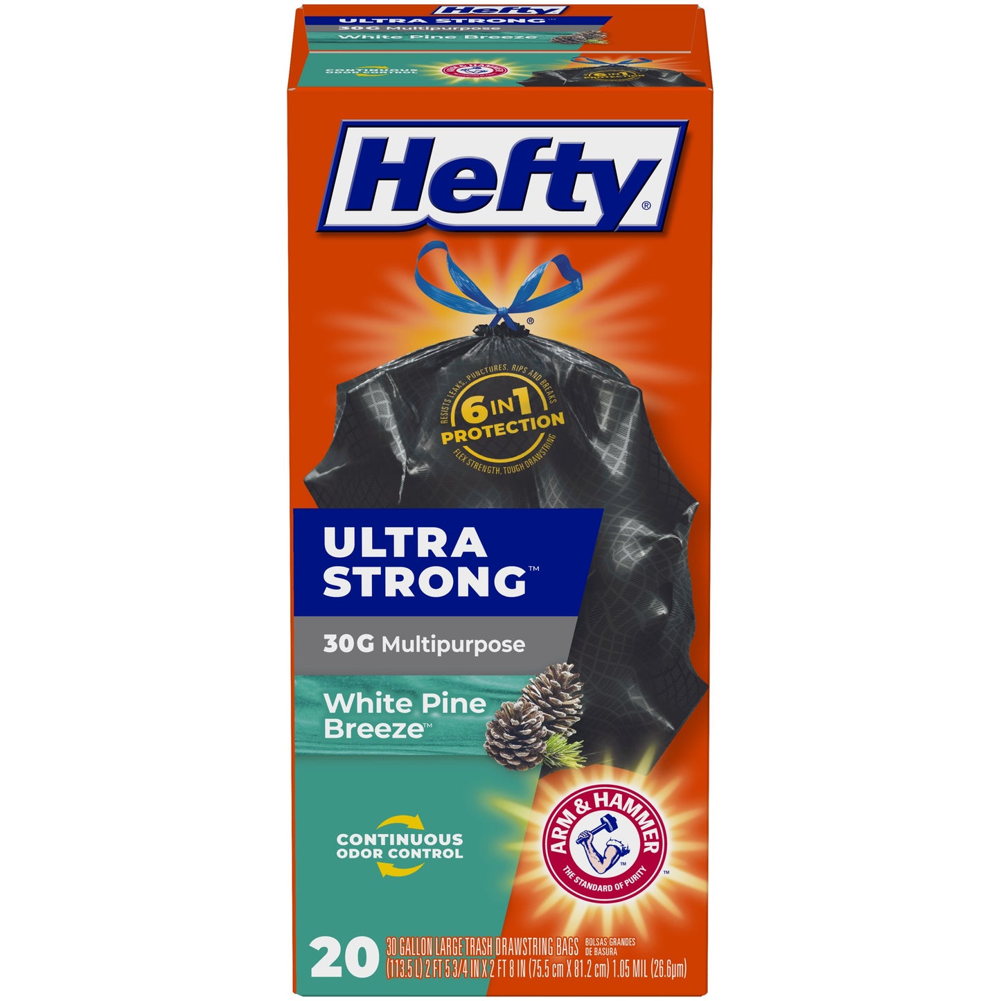 Hefty Ultra Strong Large Multipurpose Drawstring Trash Bags, 30 Gallon - White Pine Breeze