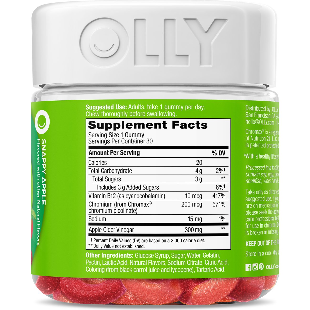 OLLY Metabolism Support with Apple Cider Vinegar, Vitamin B12 & Chromium Gummy Rings - Apple