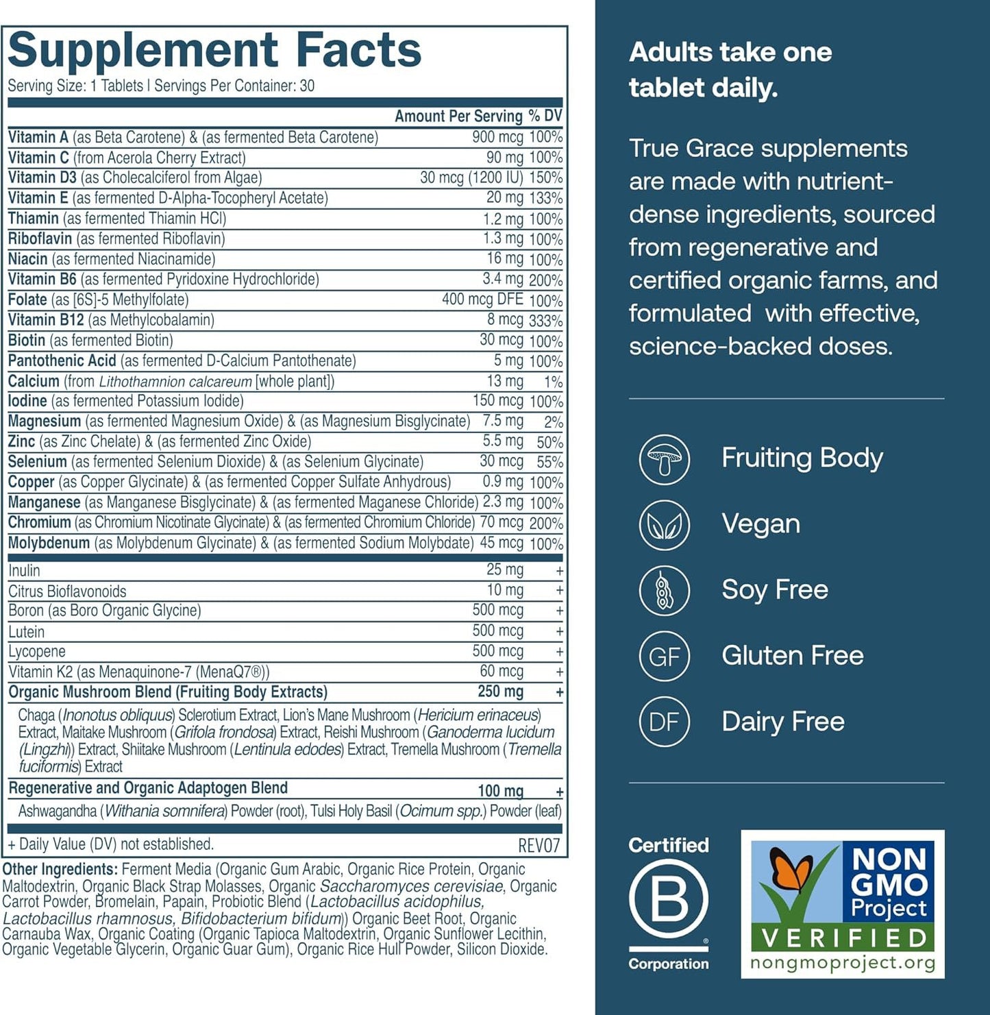 True Grace One Daily Men's Multivitamin 40+ Vegan Tablets