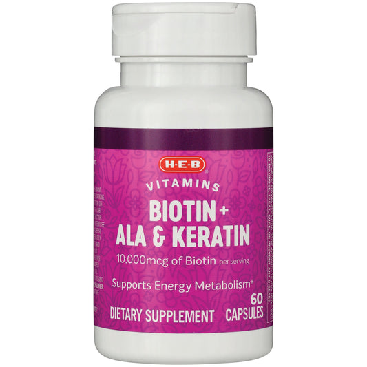 H-E-B Vitamins 10,000 mcg Biotin + ALA & Keratin Capsules