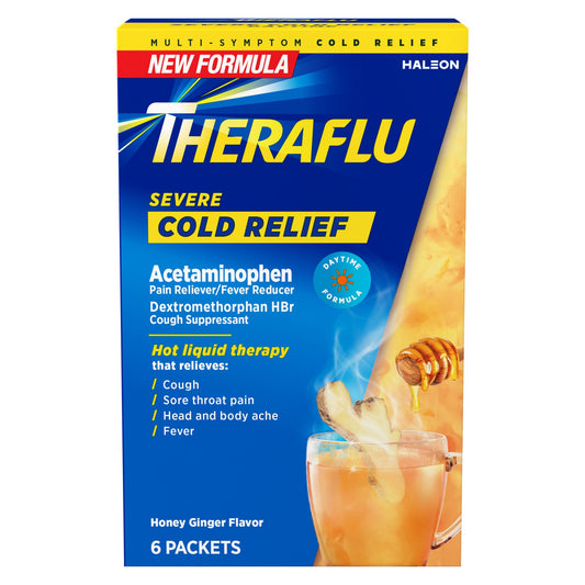 Theraflu Daytime Severe Cold Relief Powder, Cold and Cough Medicine Powder Packets, Honey Ginger Flavors