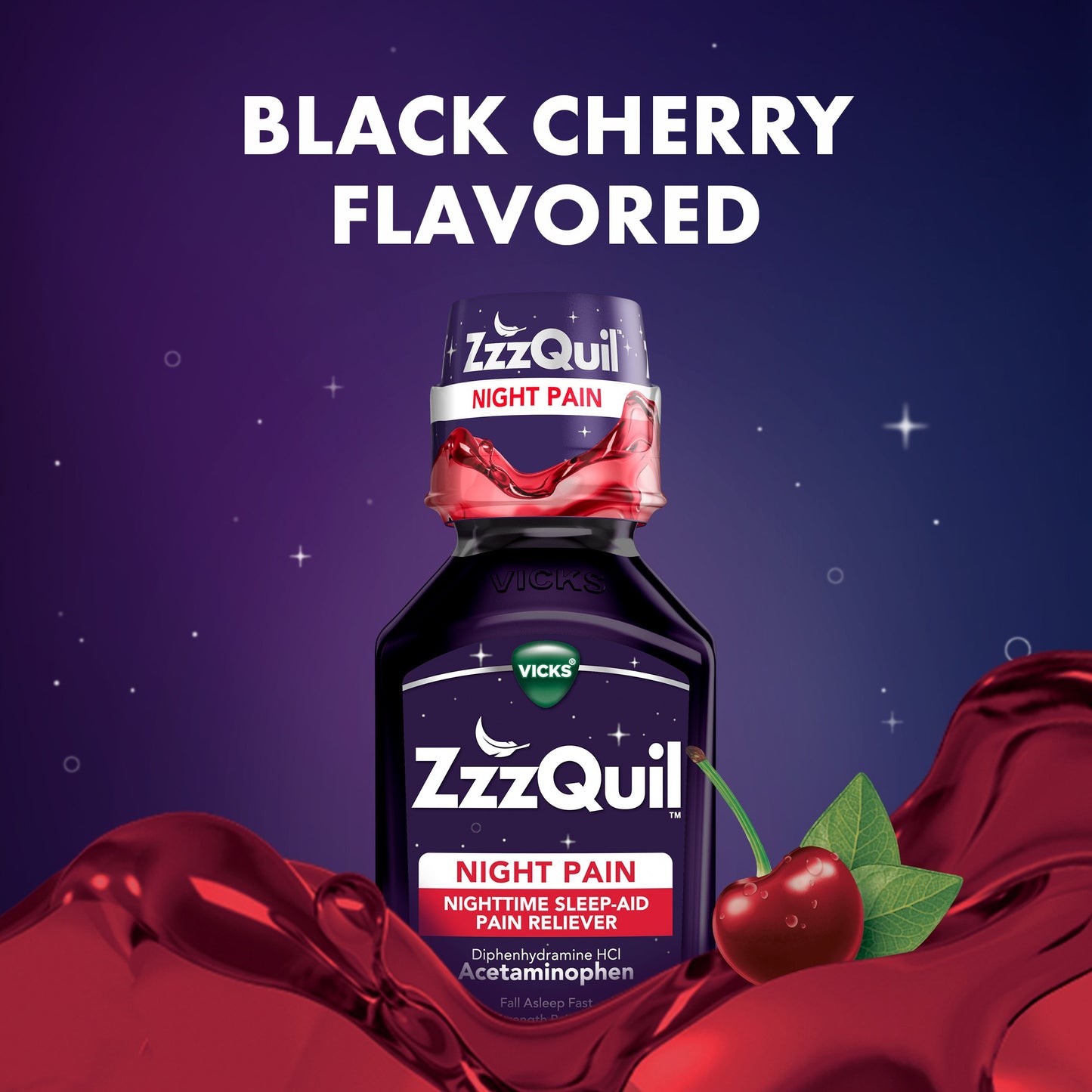 Vicks ZzzQuil Liquid Max Strength Pain Reliever, Nighttime Sleep Aid, Black Cherry Flavor