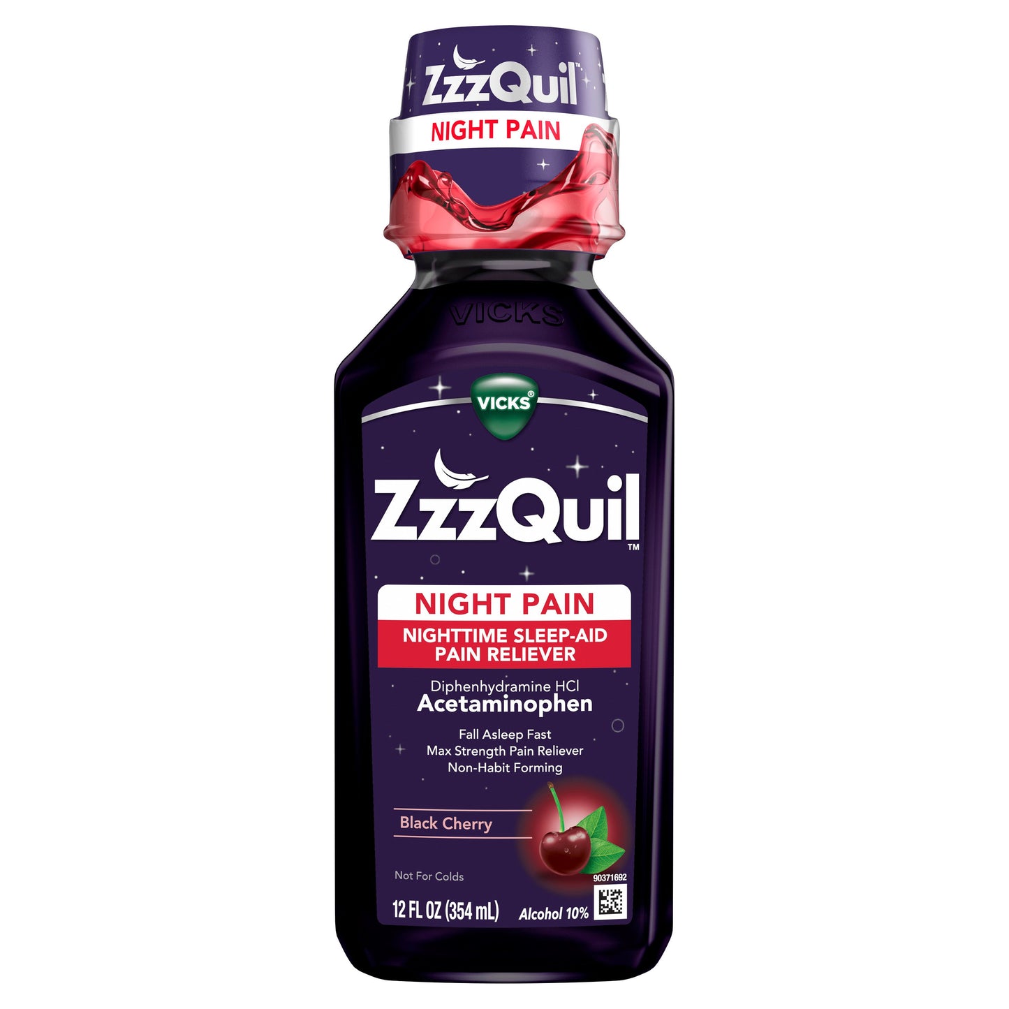 Vicks ZzzQuil Liquid Max Strength Pain Reliever, Nighttime Sleep Aid, Black Cherry Flavor
