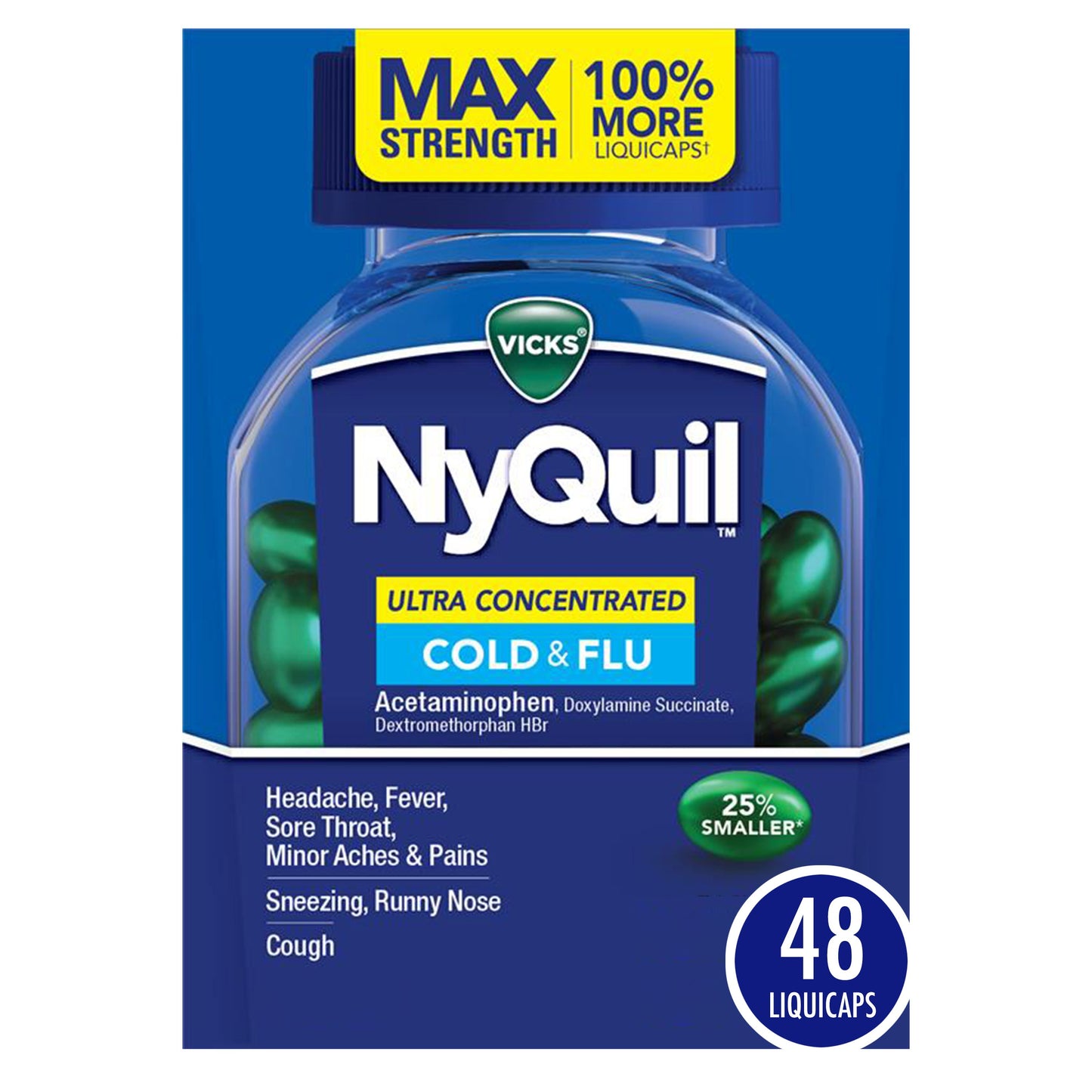 Vicks NyQuil Ultra Concentrated Liquicaps, Cold & Flu Over-the-Counter Medicine, Powerful Multi-Symptom Nighttime Relief