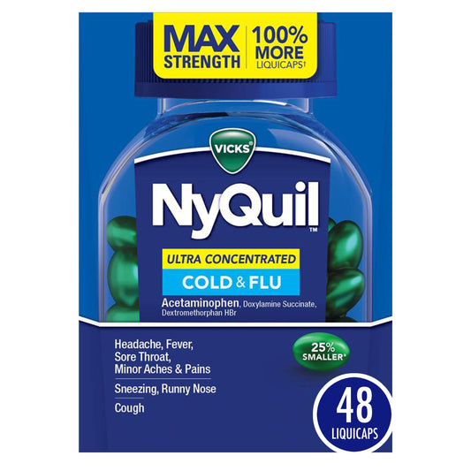 Vicks NyQuil Ultra Concentrated Liquicaps, Cold & Flu Over-the-Counter Medicine, Powerful Multi-Symptom Nighttime Relief