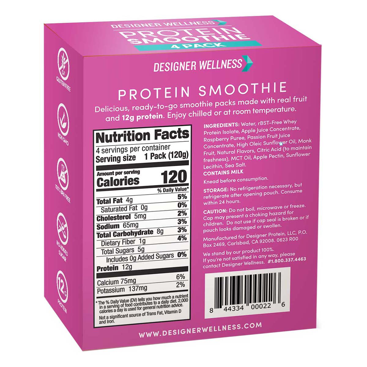 Designer Wellness 12g Protein Smoothies 4 pk - Raspberry Passion Fruit