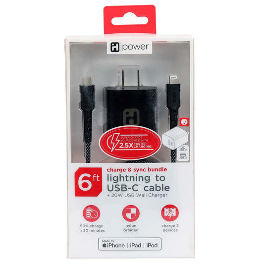 iHome Lightning to USB-C Cable with USB-C Wall Charger - Black