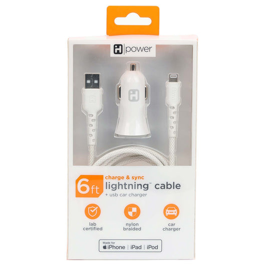 iHome Lightning to USB-A Cable with Car Charger - White
