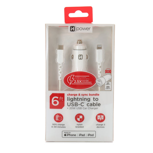 iHome Lightning to USB-C Cable with Car Charger - White