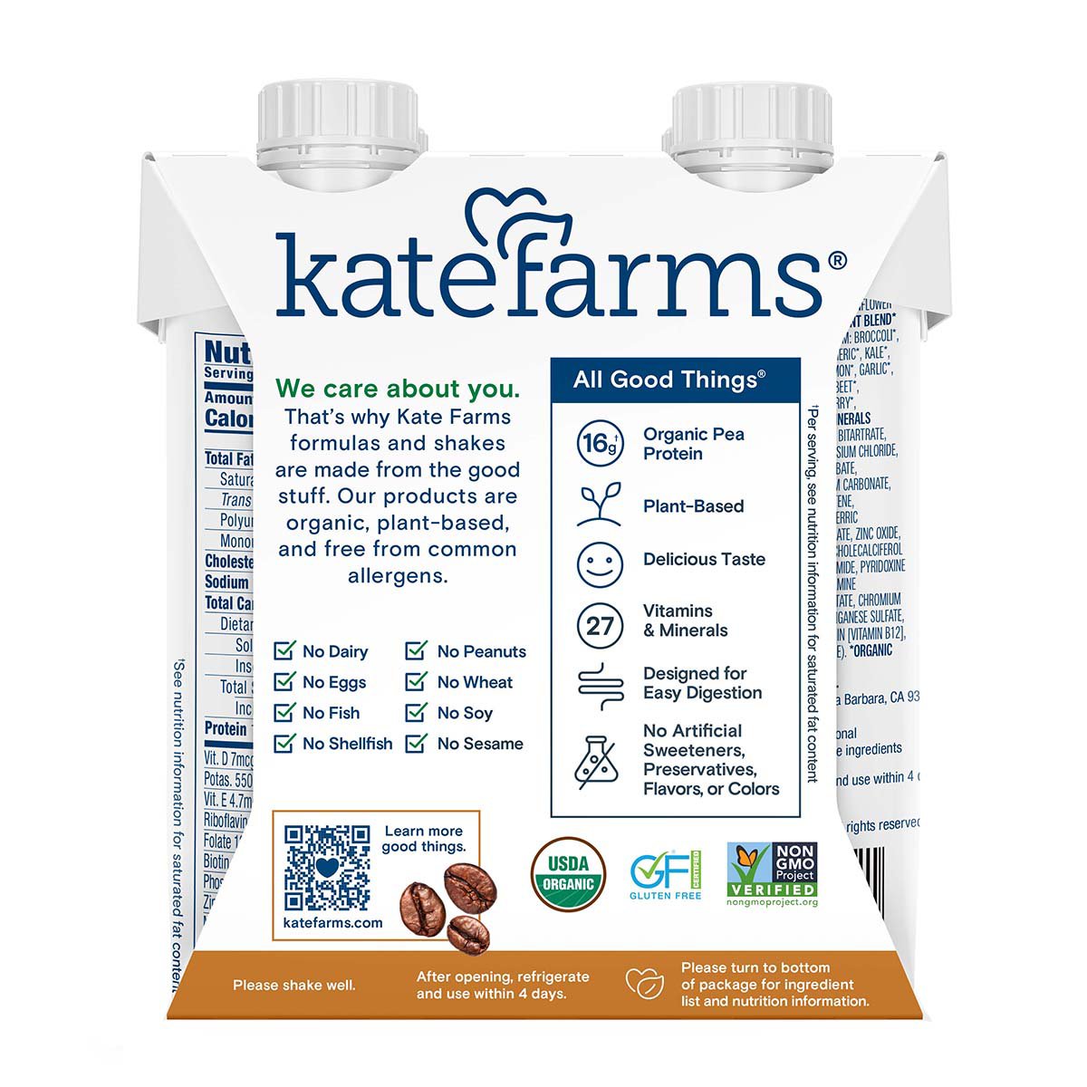 Kate Farms 16g Protein Nutrition Shakes 4 pk Bottles - Coffee