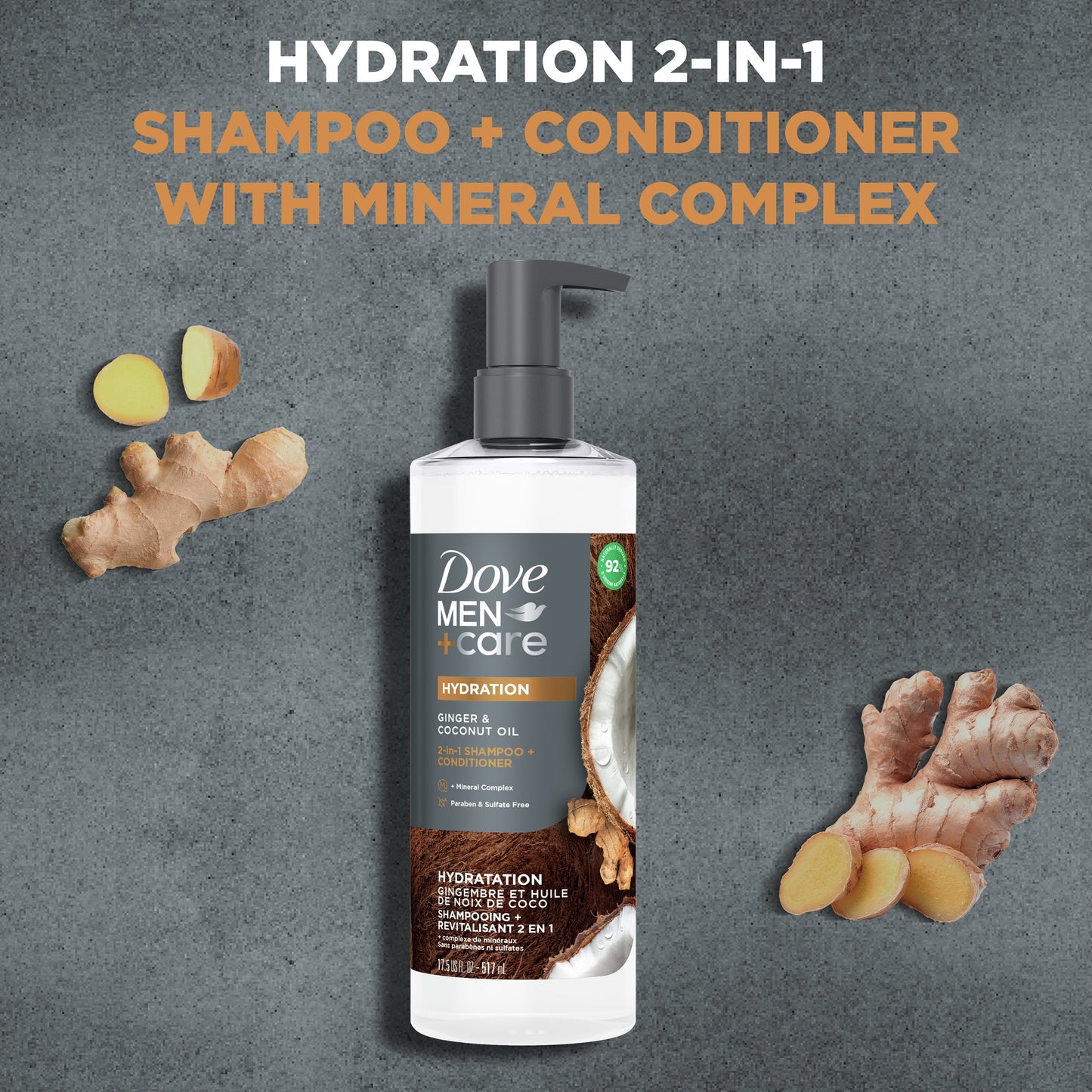Dove Men+Care Hydration 2 In 1 Shampoo + Conditioner - Ginger & Coconut Oil