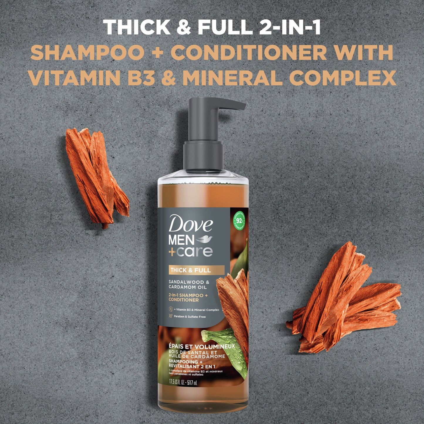 Dove Men+Care Thick & Full 2 in 1 Shampoo + Conditioner - Sandalwood & Cardamom Oil