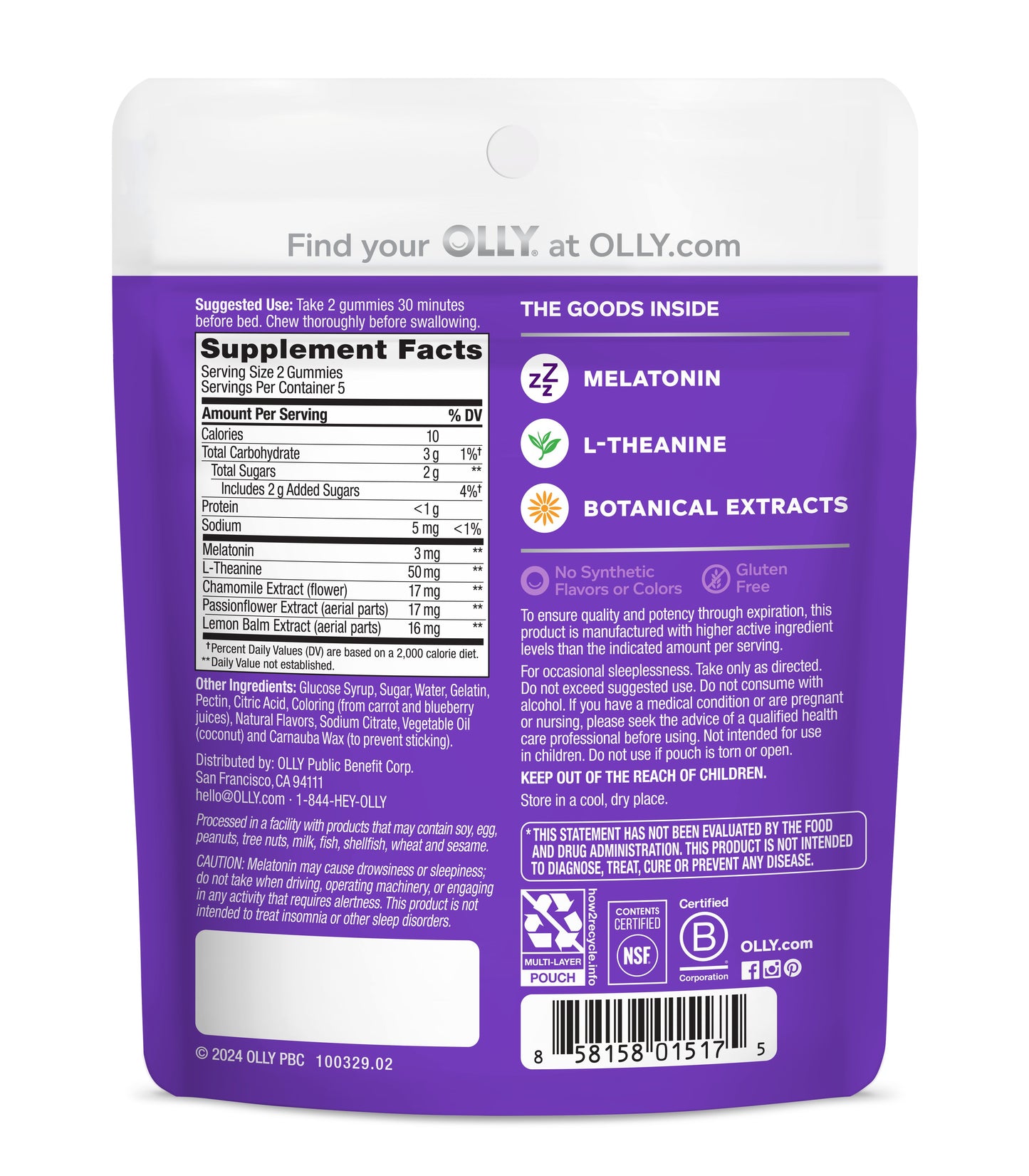 OLLY Sleep Gummy Supplement, 3mg Melatonin, L-Theanine, Chamomile, Blackberry Zen Flavor, 10 Ct