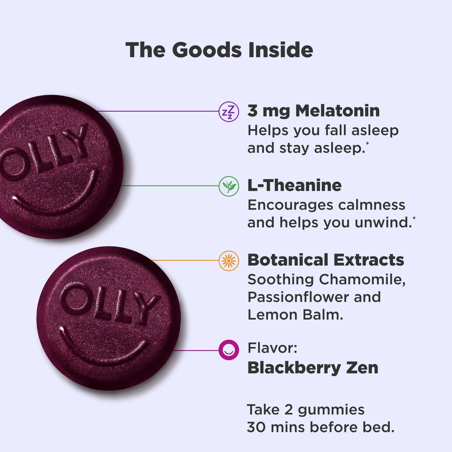 OLLY Sleep Gummy Supplement, 3mg Melatonin, L-Theanine, Chamomile, Blackberry Zen Flavor, 10 Ct