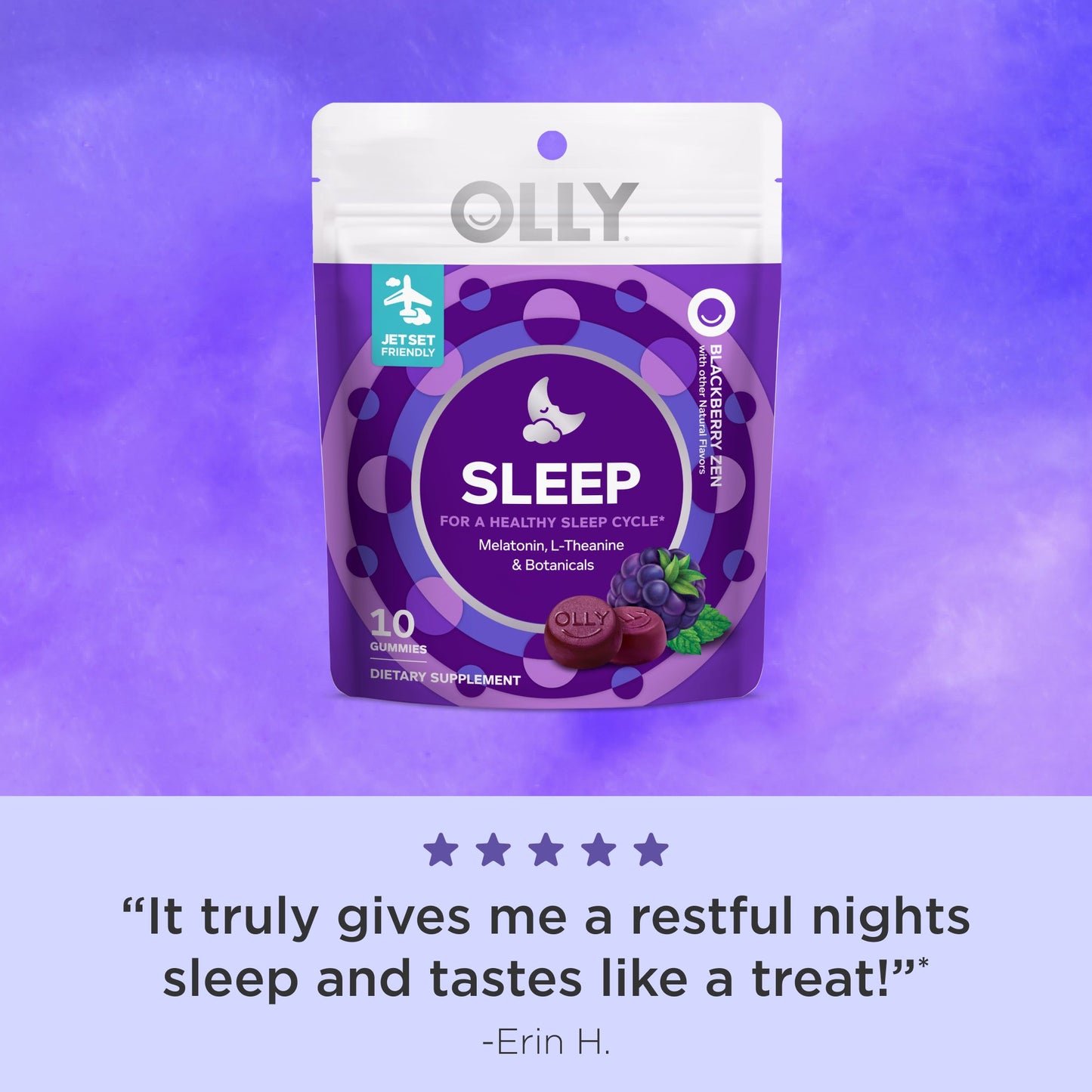 OLLY Sleep Gummy Supplement, 3mg Melatonin, L-Theanine, Chamomile, Blackberry Zen Flavor, 10 Ct