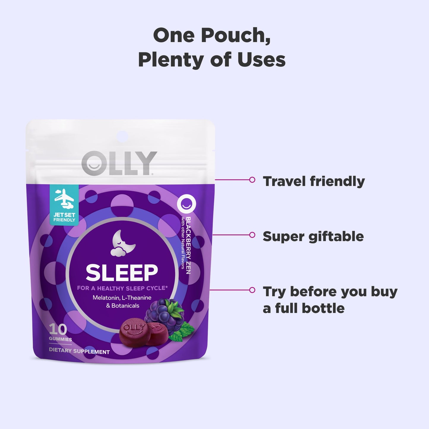OLLY Sleep Gummy Supplement, 3mg Melatonin, L-Theanine, Chamomile, Blackberry Zen Flavor, 10 Ct