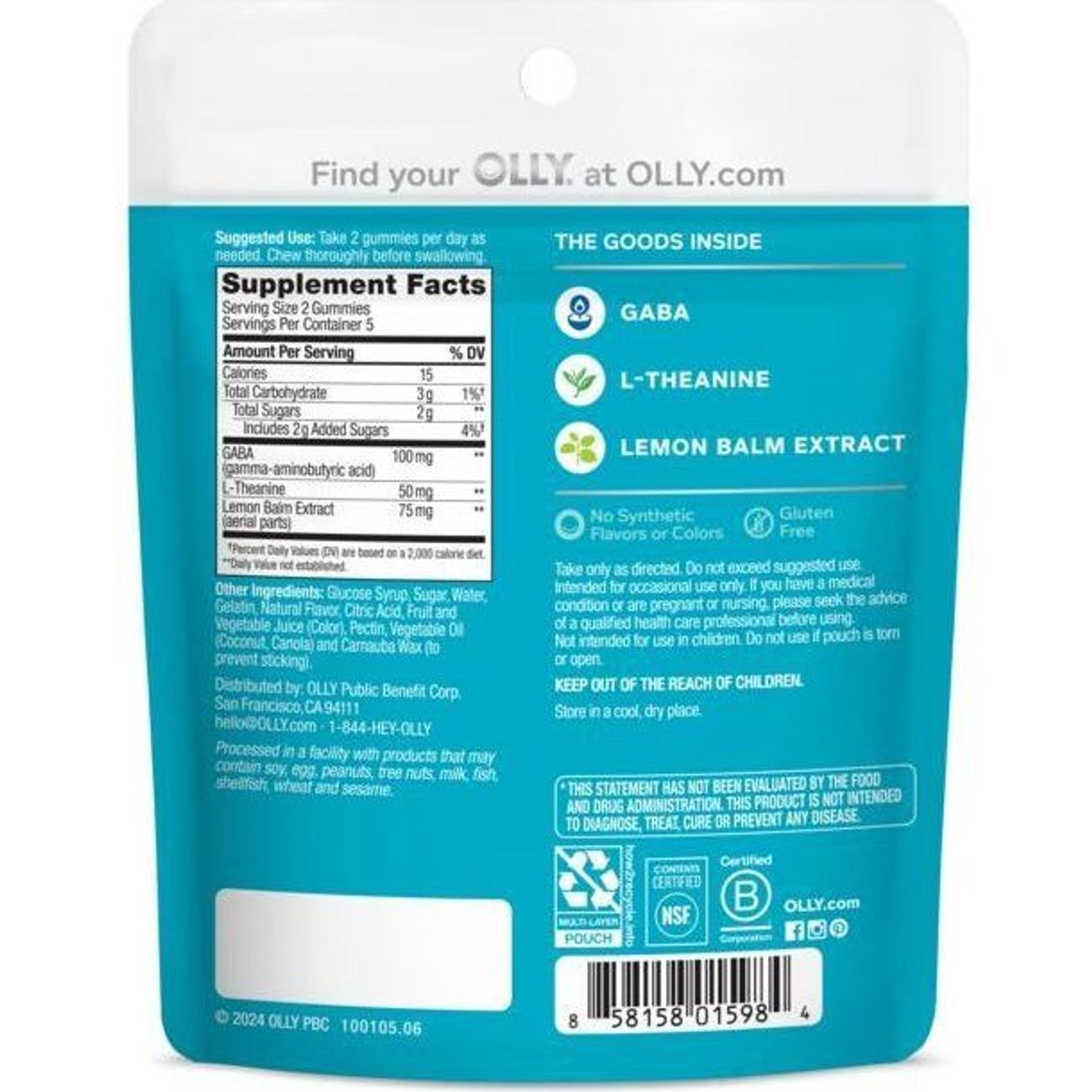 OLLY Travel Size Goodbye Stress 100 mg GABA, L-Theanine, Lemon Balm Gummies - Berry