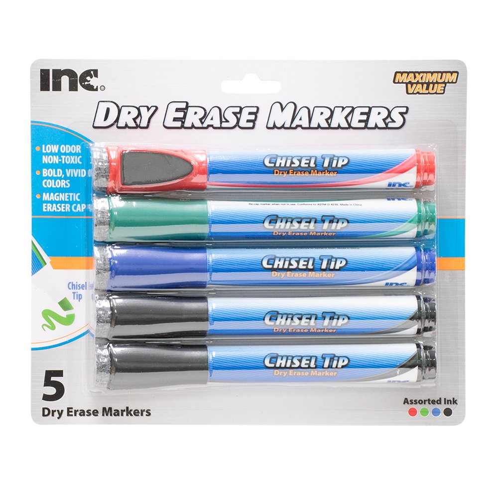 Inc Chisel Tip Magnetic Dry Erase Markers with Erasers - Assorted Ink