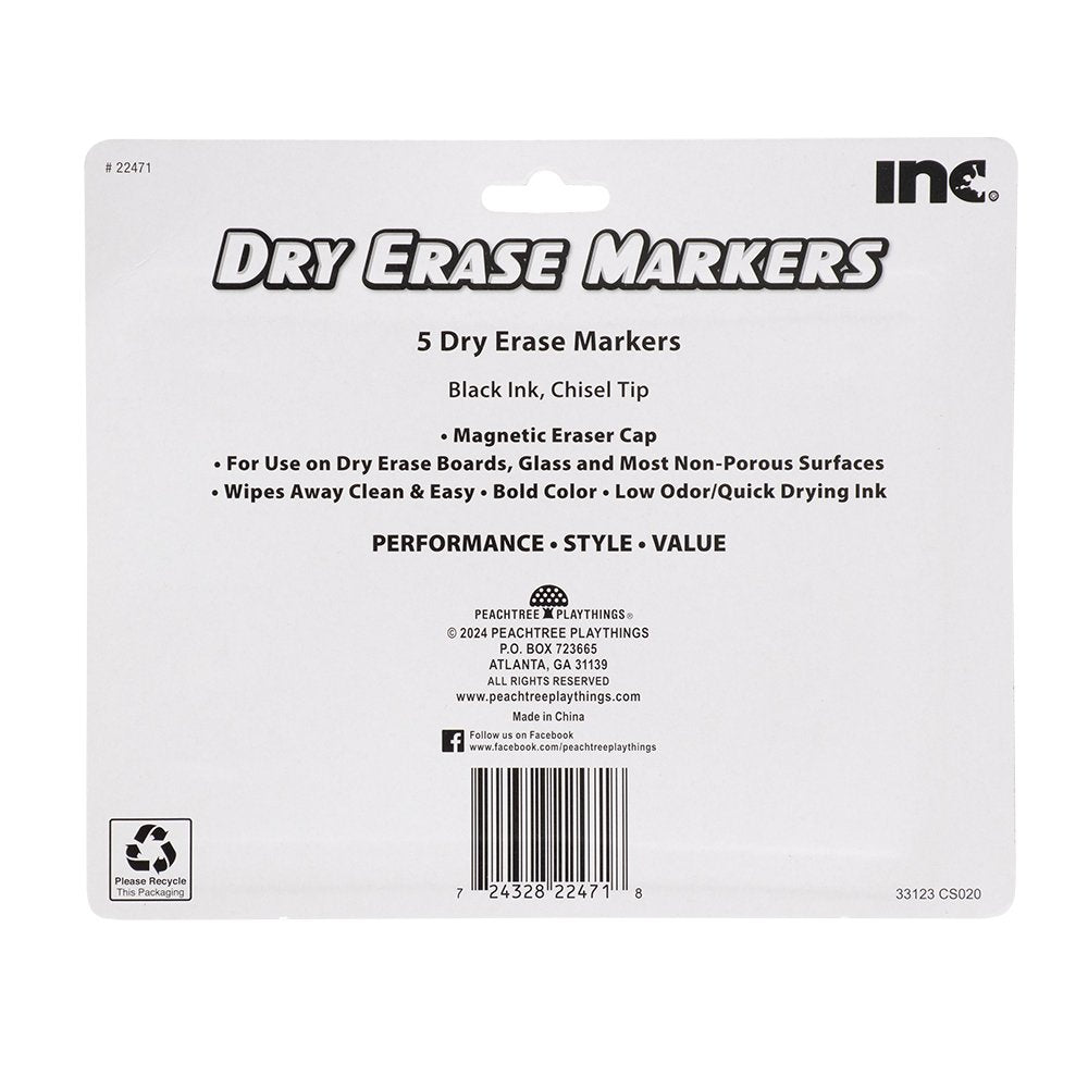 Inc Chisel Tip Magnetic Dry Erase Markers with Erasers - Black Ink