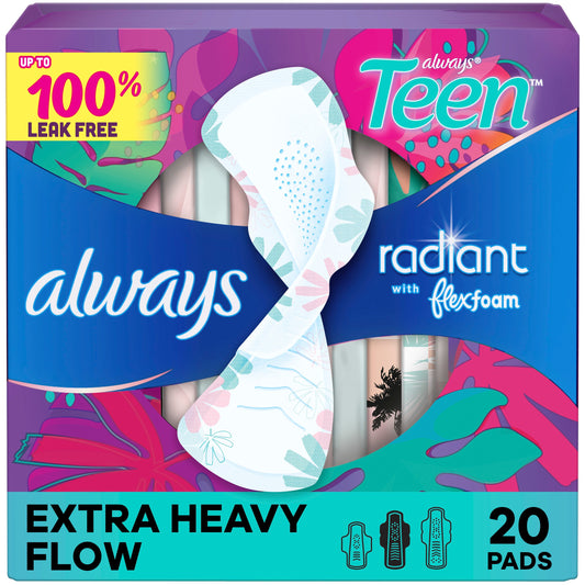 Always Radiant Teen Pads, Size 3, Extra Heavy, with Wings, Unscented, 20 CT