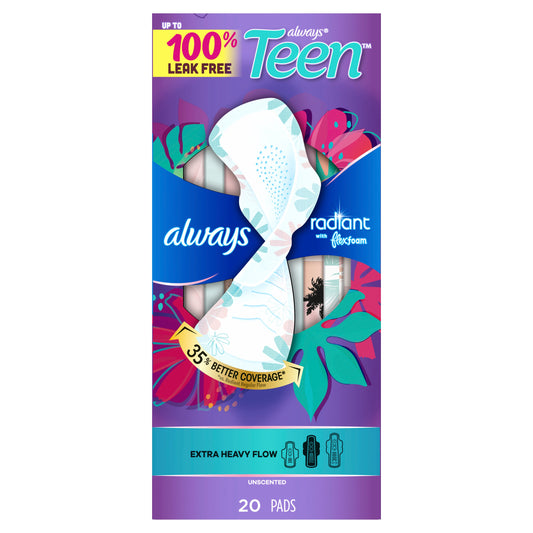 Always Radiant Teen Pads, Size 3, Extra Heavy, with Wings, Unscented, 20 CT