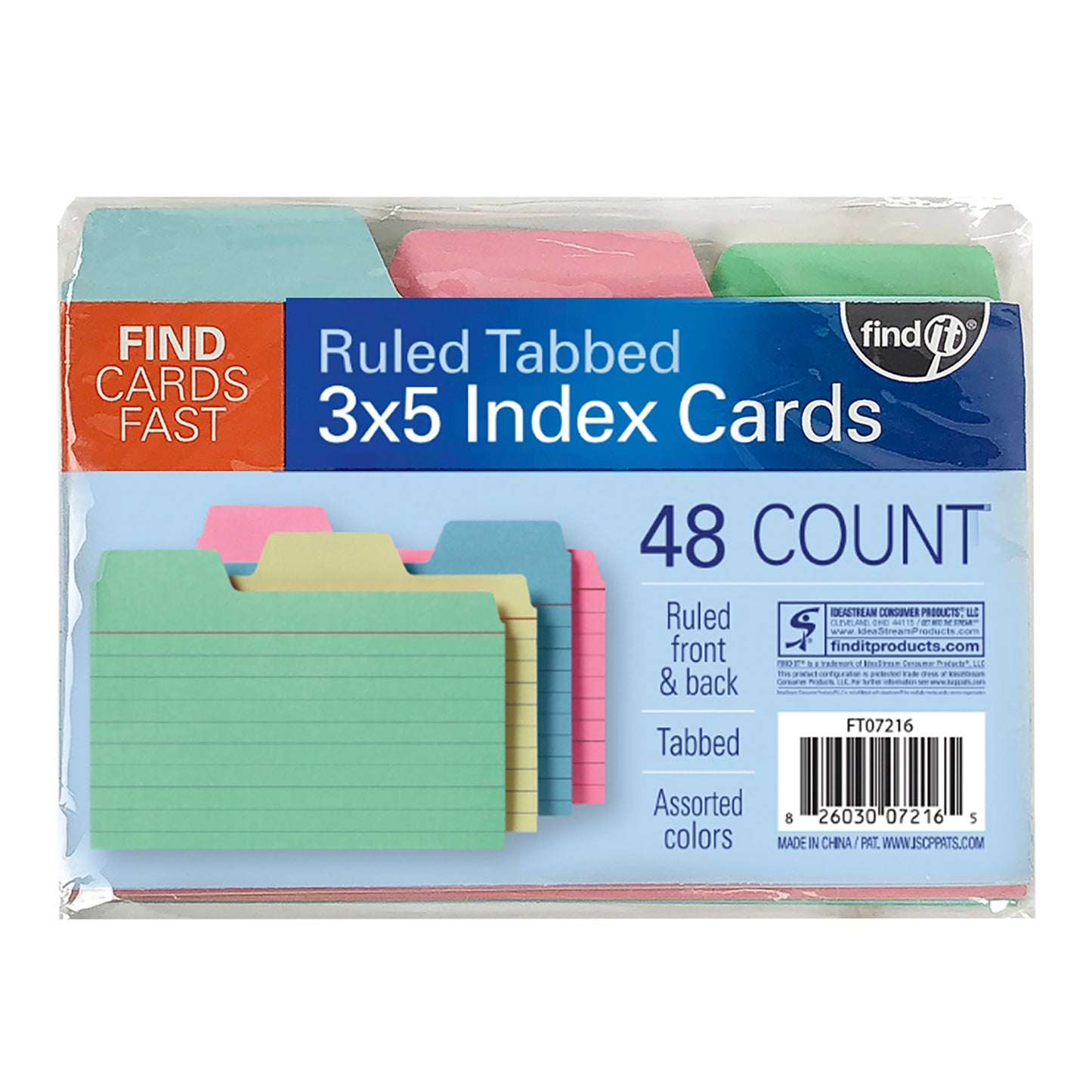 Find It Ruled Tabbed Assorted Colors Index Cards - 48 ct