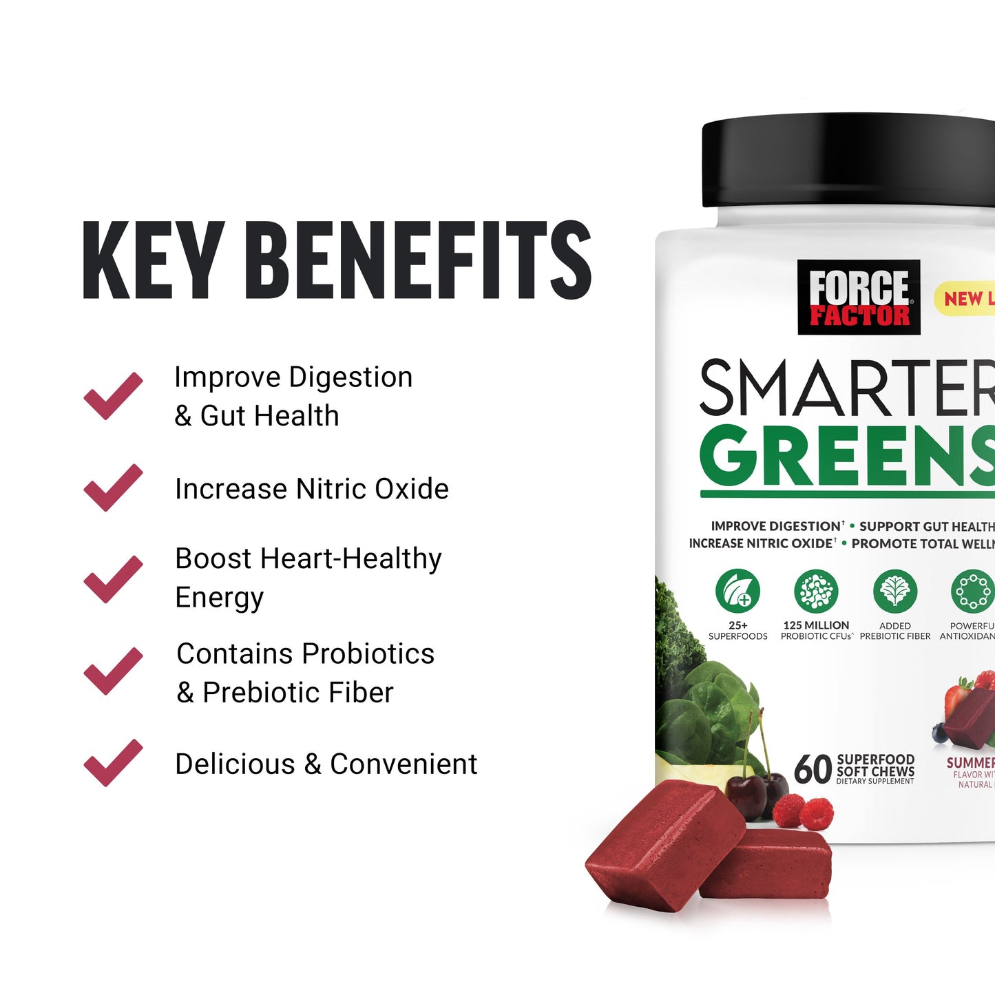 Force Factor Smarter Greens Super Food Soft Chews - Summer Berry