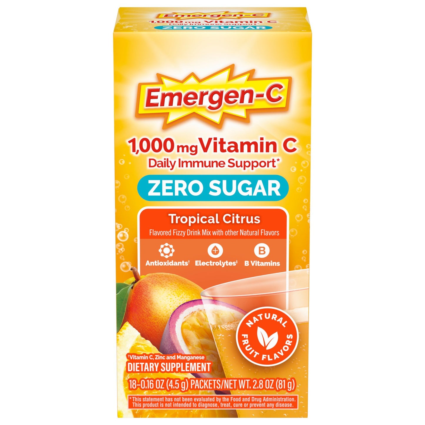Emergen-C Zero Sugar 1000 mg Vitamin C Powder for Daily Immune Support Caffeine Free Vitamin C Supplements with Zinc and Manganese, B Vitamins and Electrolytes, Tropical Citrus Flavor
