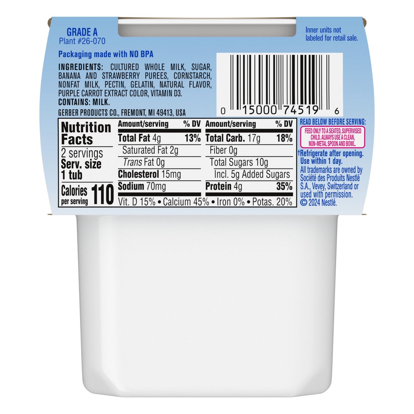 Gerber Stage 2 Baby Food Yogurt - Strawberry Banana, 4 oz Tubs