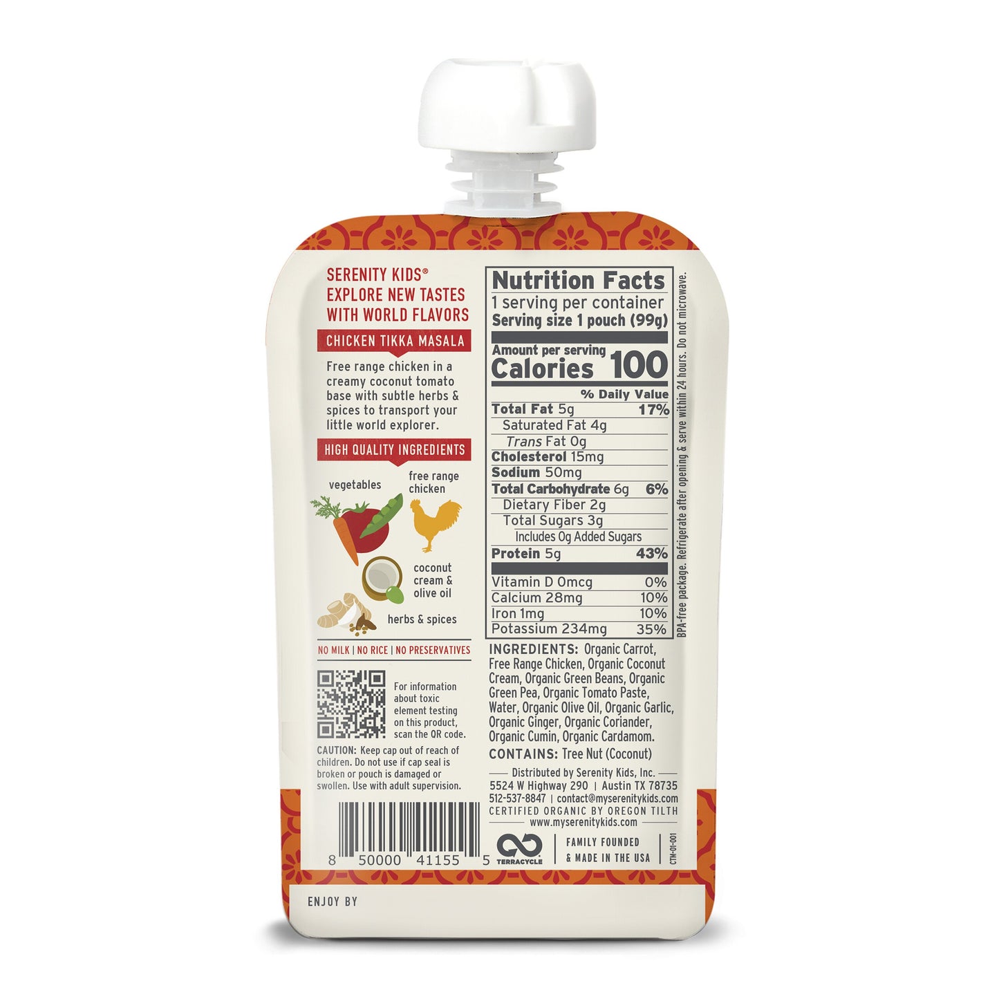 Serenity Kids Baby Food Pouch - Free Range Chicken Tikka Masala
