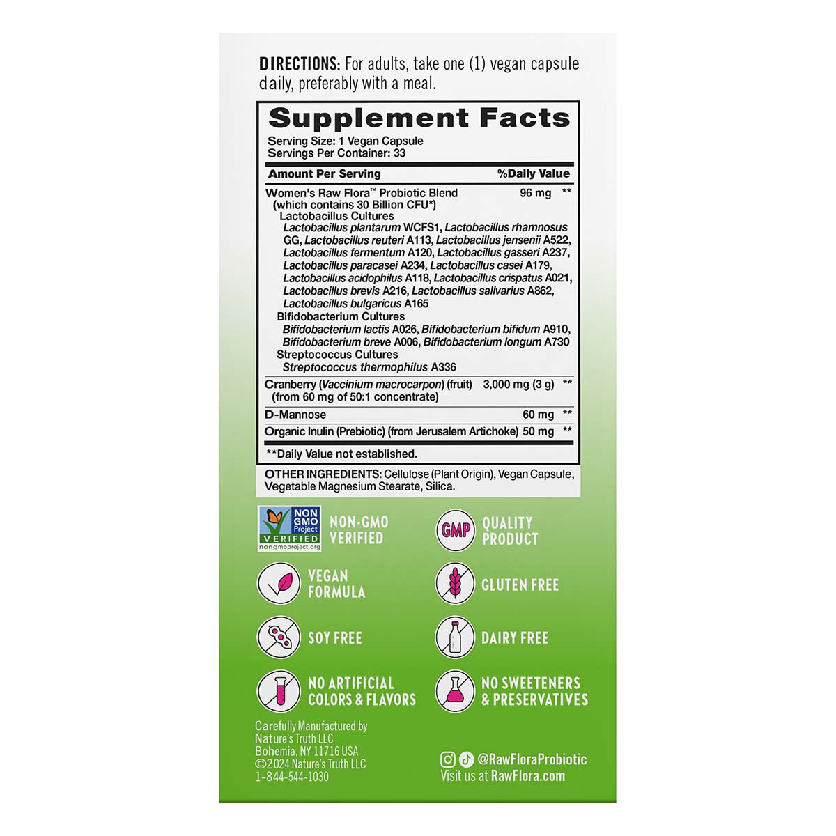 Nature's Truth Women's Care Raw Flora Probiotic-18 Vegan Capsules