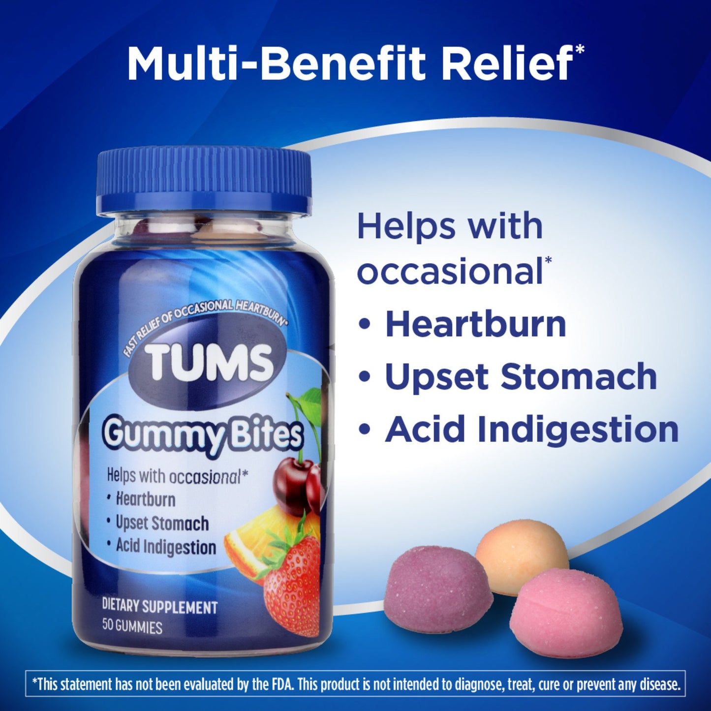 Tums Gummy Bites Dietary Supplement for Occasional Heartburn Relief, Upset Stomach and Acid Indigestion, Assorted Fruit Flavors