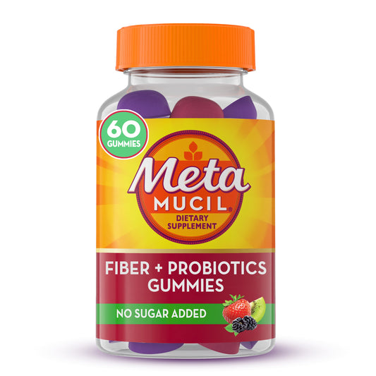 Metamucil Fiber Gummies with Probiotics for Bloating, Plant-Based Prebiotic Fiber Supplement Blend, No Sugar Added, Strawberry Kiwi Blackberry Flavor