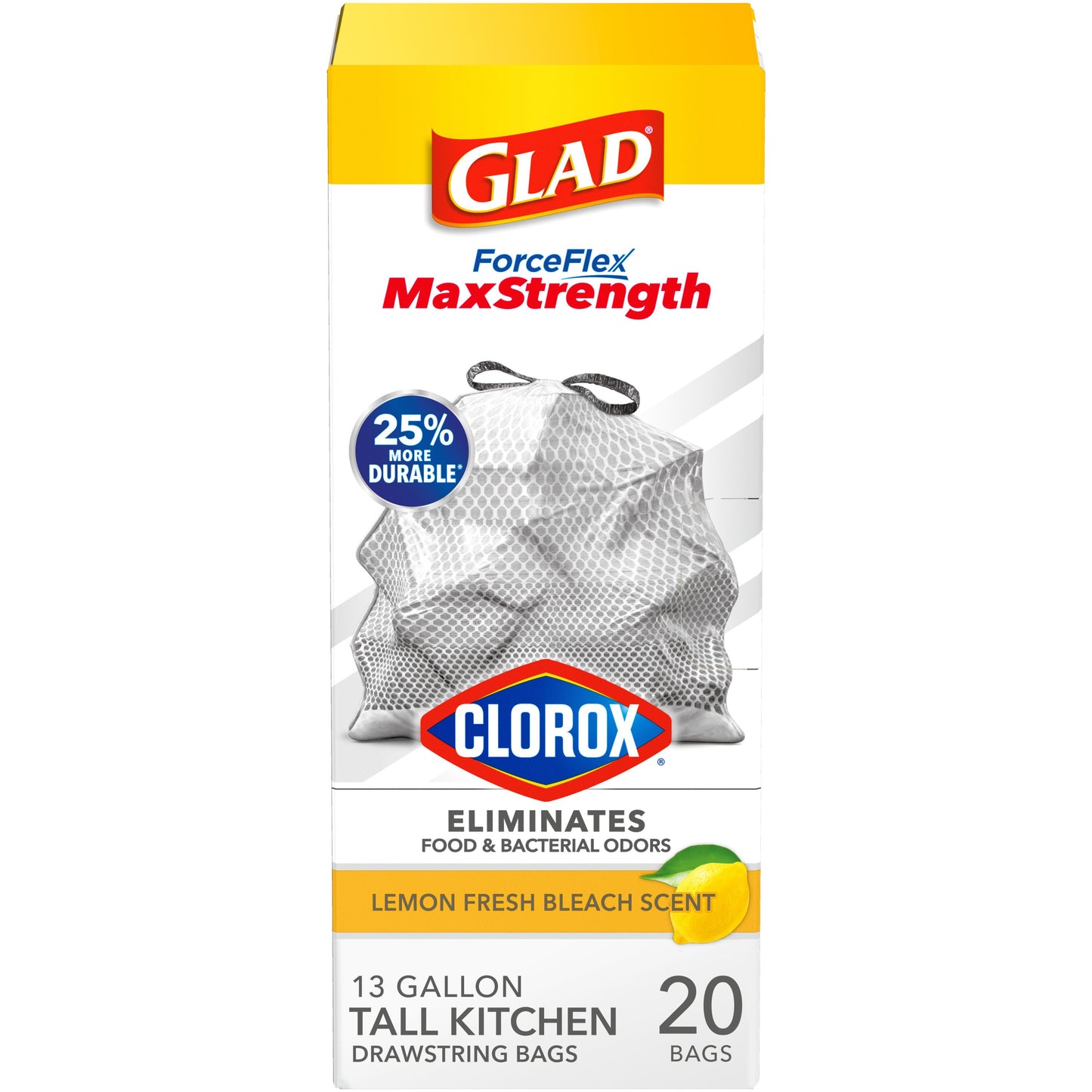 Glad ForceFlex MaxStrength With Clorox Kitchen Trash Bags, 13 Gallon