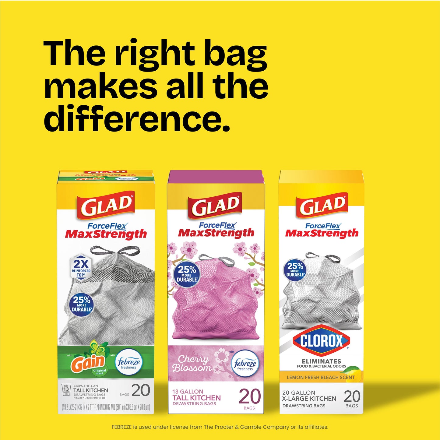 Glad ForceFlex MaxStrength With Clorox Kitchen Trash Bags, 13 Gallon