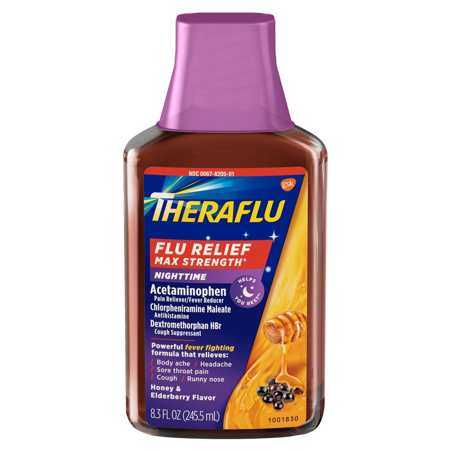 Theraflu Max Strength Nighttime Flu Medicine for Flu Symptom Relief with Acetaminophen, Dextromethorphan HBr and Chlorpheniramine Maleate, Honey and Elderberry Flavored
